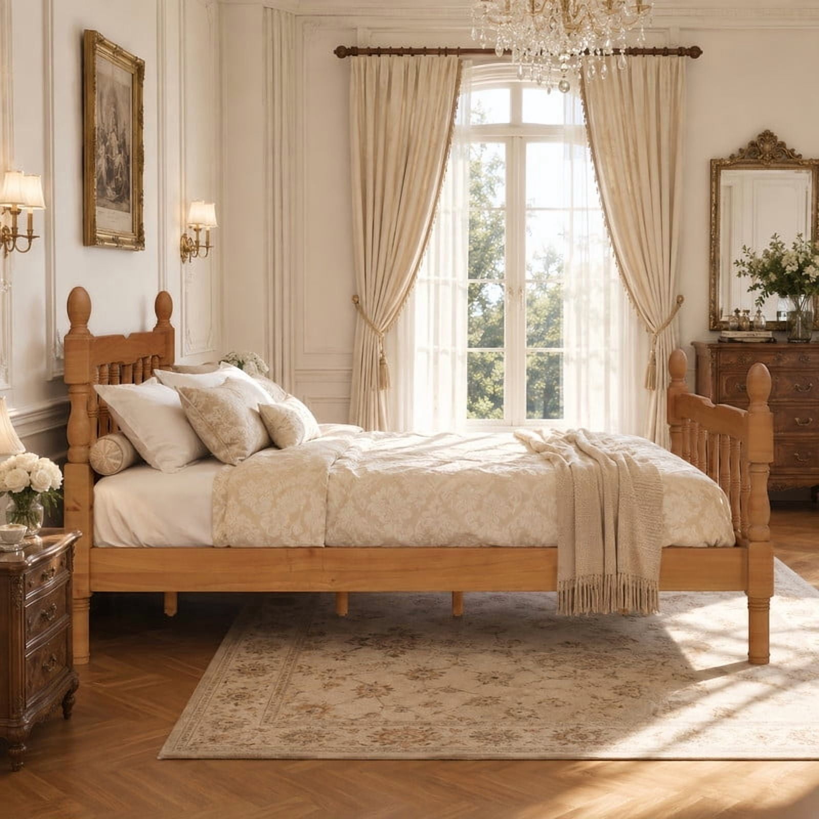 Euroco Wood Full Size Platform Bed Frame, Classic Farmhouse Bed Frame with Spindle Headboard, Walnut