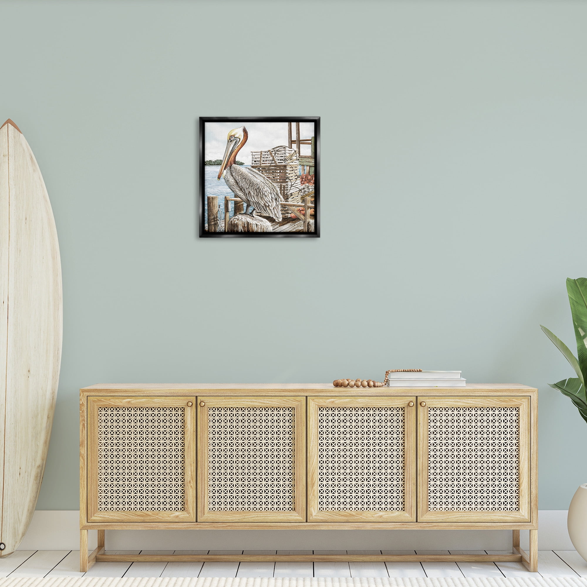 Stupell Industries Pelican Perched on Fishing Dock Animals & Insects Painting Black Floater Framed Canvas Art Print Wall Art, 25 x 25