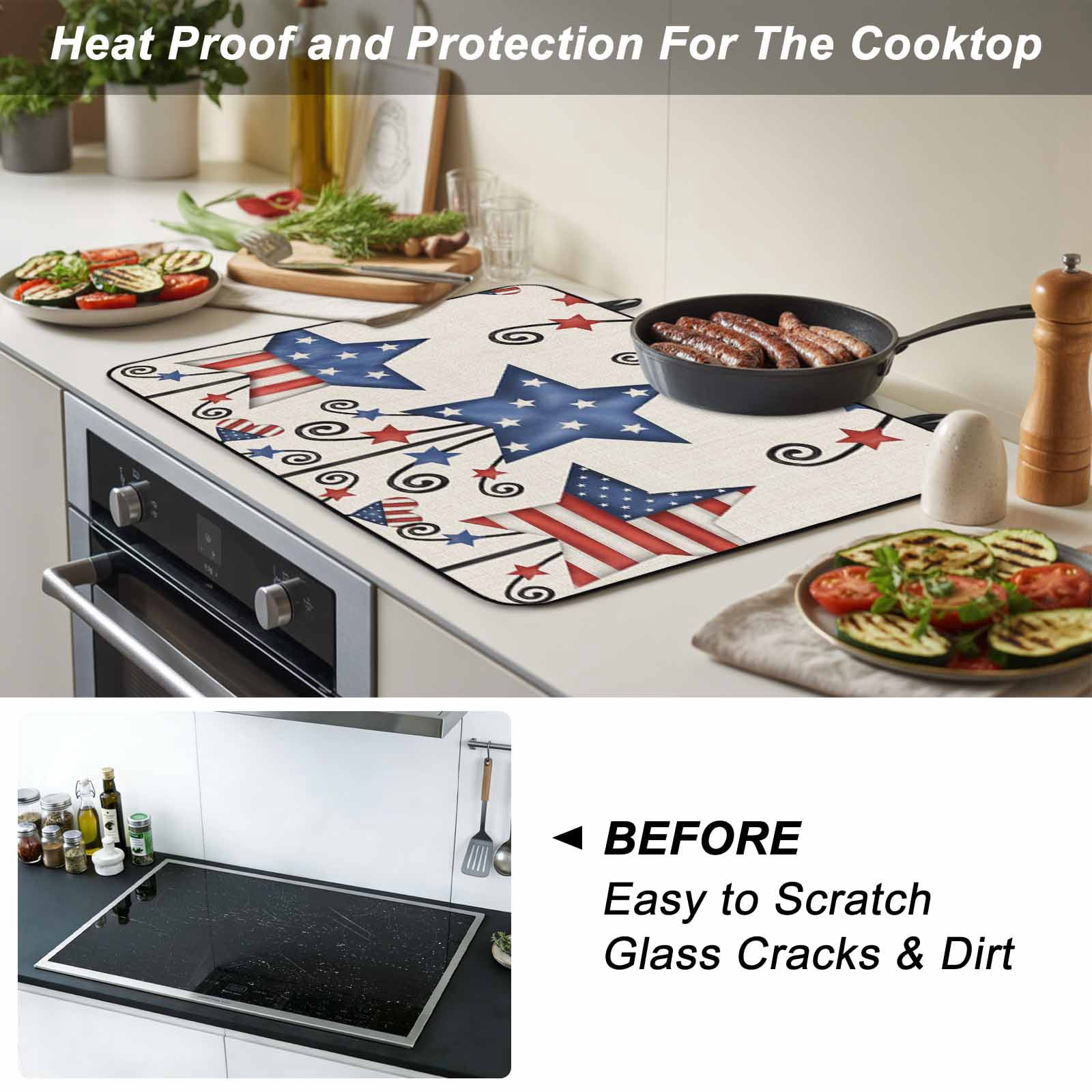 4th of July Stove Top Cover for Electric Stove, Heat-proof & Non Slip Glass Top Stove Cover Protector, Blue Red Star Rustic Independence Day Kitchen Flat Cooktop Rubber Mat 24x21 Inches
