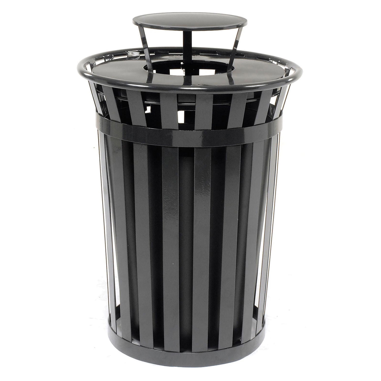 36 Gallon Outdoor Metal Slatted Trash Receptacle with Rain Lid, Black