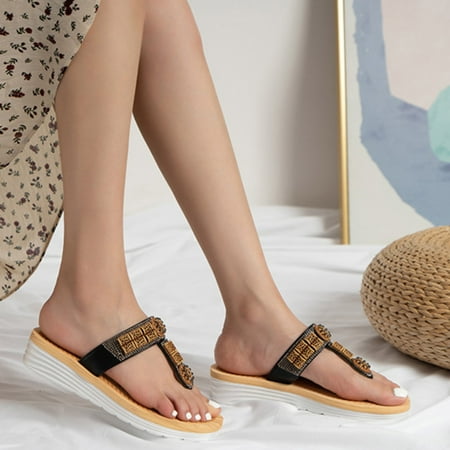 

Cathalem Summer Ethnic Style Fashion Concise Casual Flip Flops Women Shoes Plus Size Outdoor Bohemian Shoes Women Sandals Leather Black 8.50