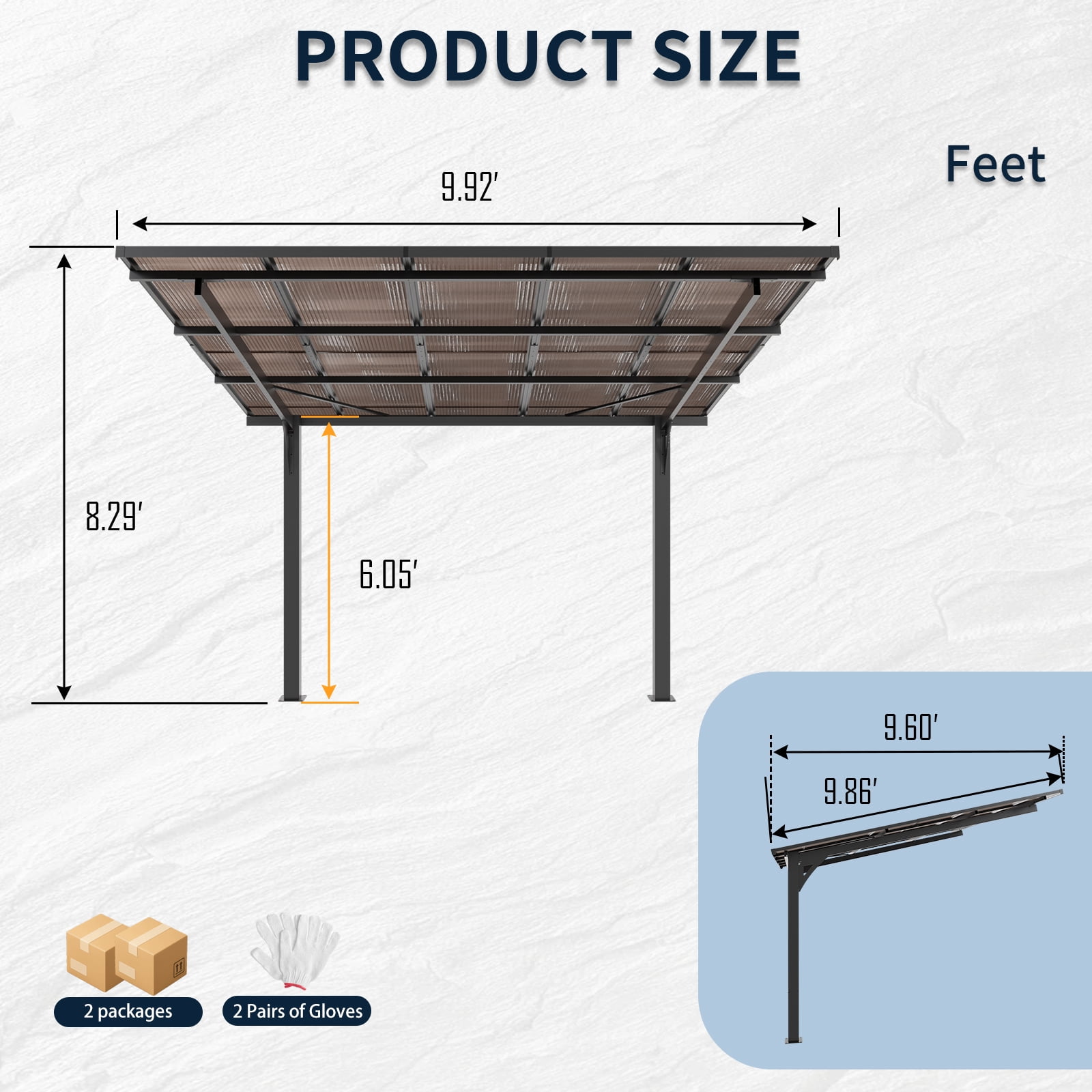Mintazer 10x10ft Outdoor Wall-Mounted Patio Canopy, Heavy Duty Metal Awning with PC Roof, Freestanding Sun Shelter for Backyard, Bike, Grill & Patio Seating