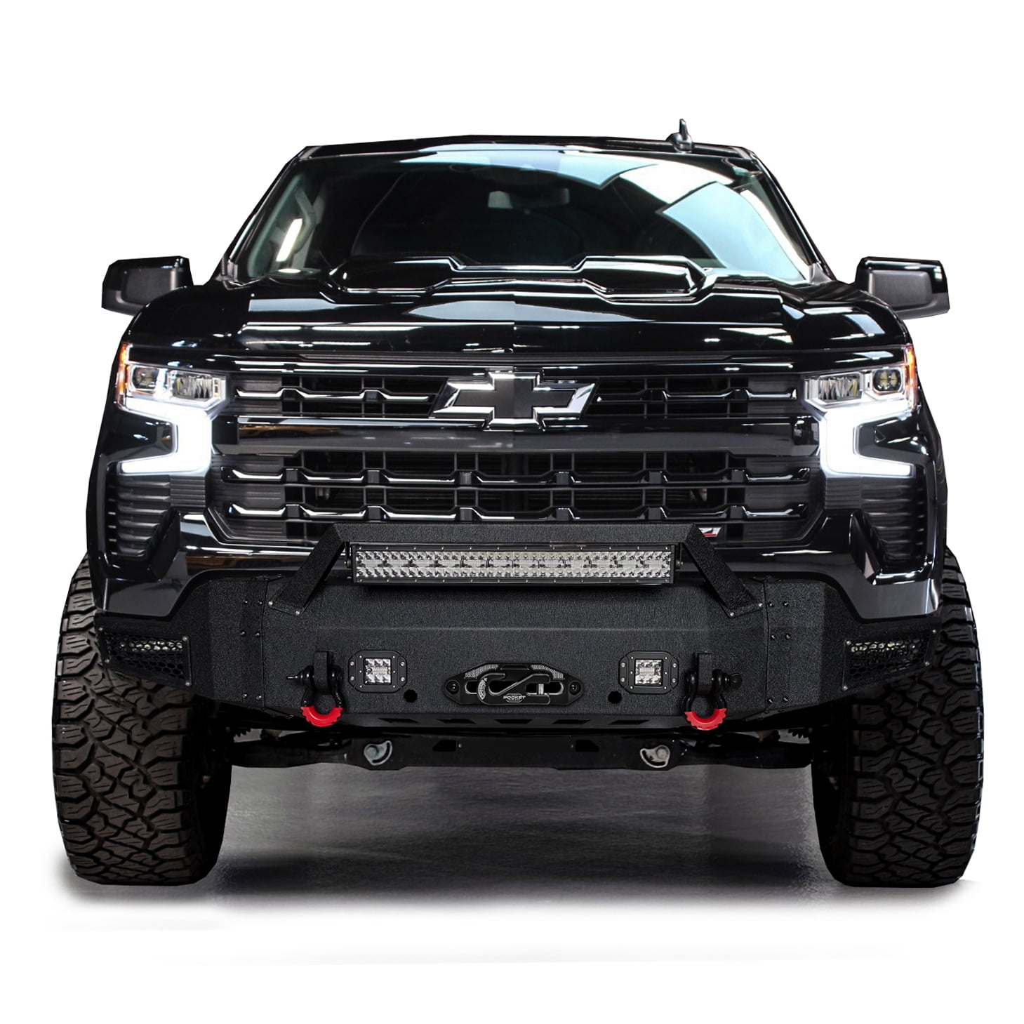 Vijay Compatible with 2022-2023-2024-2025-2026 Chevrolet Silverado 1500 Front Bumper Textured Black Steel with 5xLights and 2xD-rings
