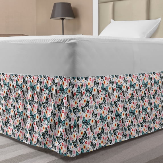 Butterfly Bed Skirt, Spring Themed Repetitive Pattern with Little Abstract Flowers and Butterflies, Elastic Bedskirt Dust Ruffle Wrap Around for Bedding Decor, 4 Sizes, Multicolor, by Ambesonne