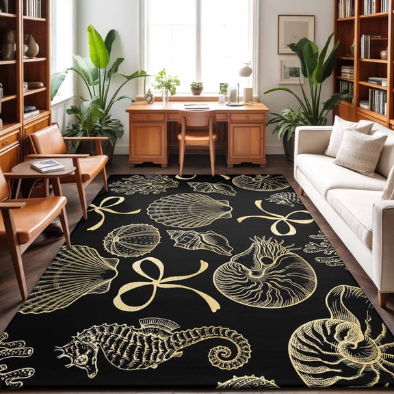 Large Area Rugs 9'x12', Ocean Conch Shell Carpet Runner Indoor Outdoor Rugs Home Decor Aesthetic, Black Coastal Seahorse Coral Yellow Bows Non Slip Mats Washable Accent Rug for Living Room Bedroom