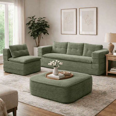 Multi Functional Sectional Sofa Bed with Independent Chaise Lounge and Functional Blanket,Plush Corduroy Sofa Couch,Convertible Sofa Bed,80" King Size Bed,Deep Seat Fluffy Sofa,Green