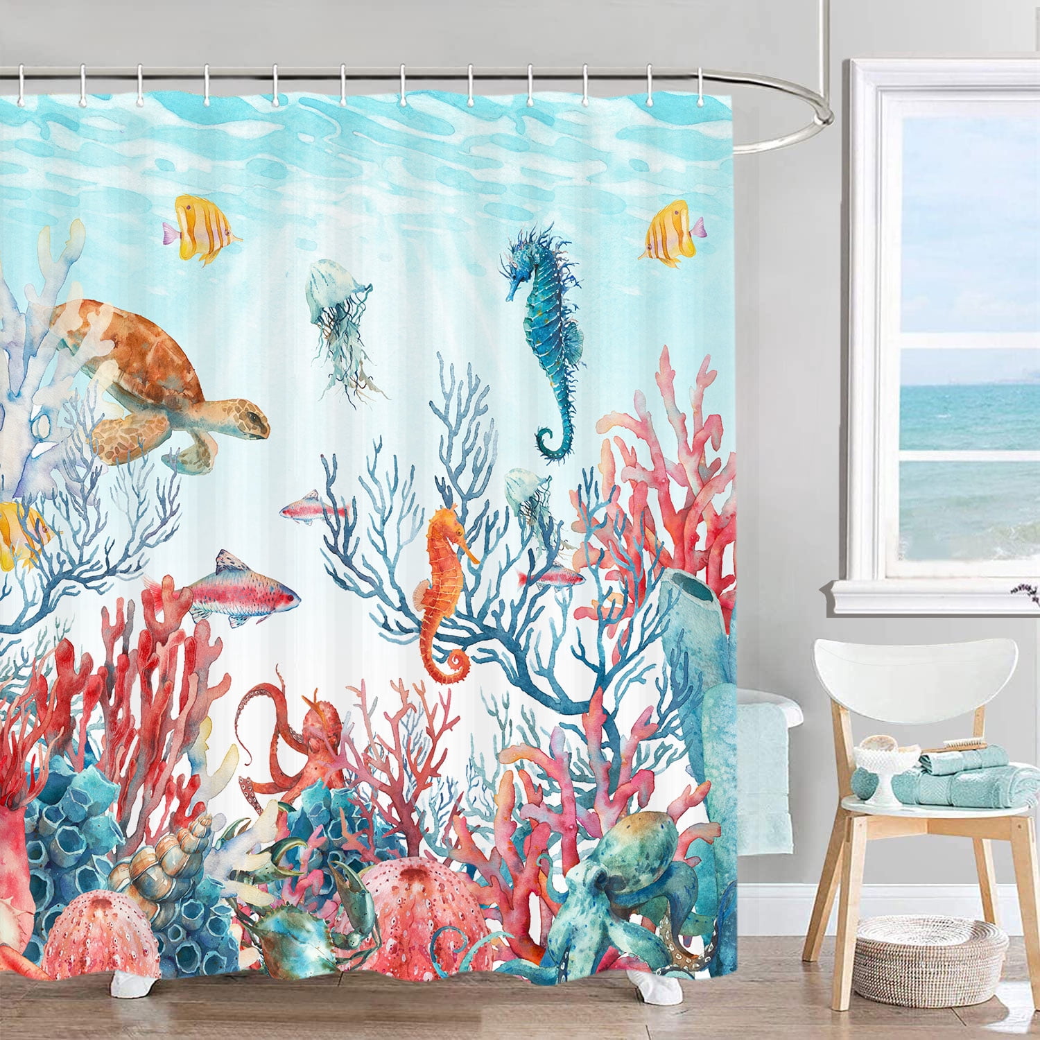 Nautical Beach Shower Curtain, Sea World Blue Ocean Shower Curtain, Coral Sea Horse Turtle Octopus Shower Curtain Sets, Underwater Marine Life Themed Bathroom Decor Bath Curtain with Hooks,70X70in