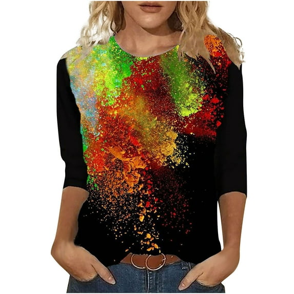 Graphic Print Tops for Women Thin Loose Blouse Tops Round Neck Long Sleeve Top Fashion Tie Dye Top Casual Pullover Tops
