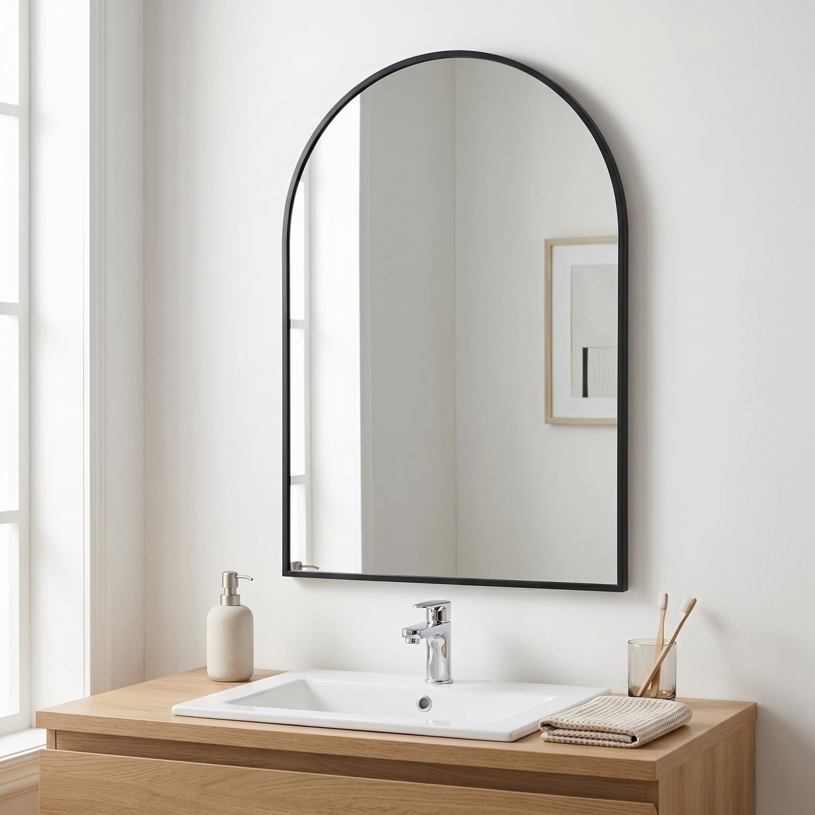Gleamira 26"x38" Arched Bathroom Mirror Wall Mounted Mirror with Metal Frame, Black