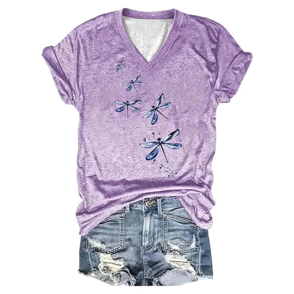 XIAOCHA Womens Graphic Tee V Neck Short Sleeve T Shirt Breathable Casual Daily Wear Top