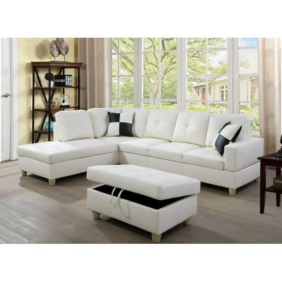 Sectional Sofa Couch,Hula L-Shaped Modern Style with Storage Ottoman 3-Piece for Living Room | Faux Leather (Left Hand Facing, White)