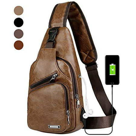 Peicees Men's Leather Sling Bag with USB Charger, Travel Gym Bike Laptop iPad Camera Sling Chest Crossbody Backpack