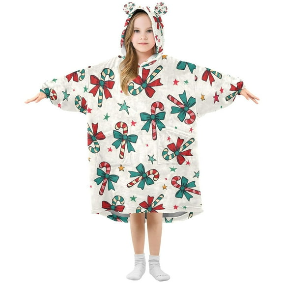joogoo Wearable Blanket Hoodie for Christmas Candy Cane Bows Oversized Sherpa Hooded 3-14 YR M