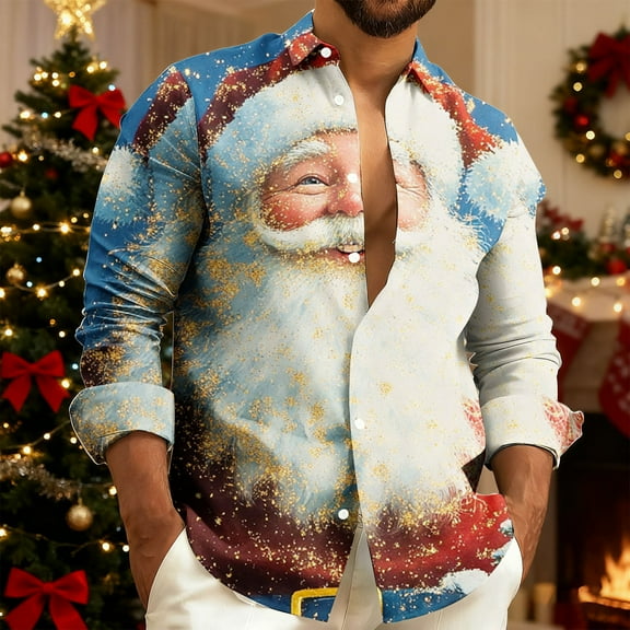 Handshe Men's Casual Shirt, Christmas Print Long Sleeve Collared Shirt for Holiday Parties and Daily Wear