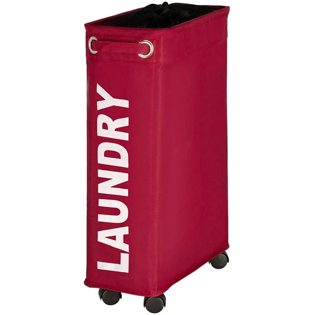 narrow laundry basket, laundry basket on wheels, Corno red, Polyester