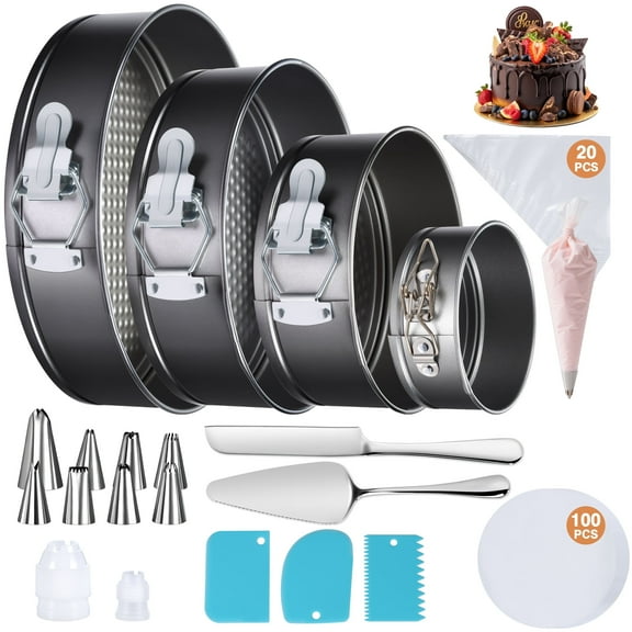 Bestdin Cake Pan Set of 4 - Nonstick Leakproof Round Cheesecake Pan with Removable Bottom, Circle 4 Tiered 4" 7" 9" 10 inch Spring form Pans for Baking with 100 Pcs Parchment Paper Liners