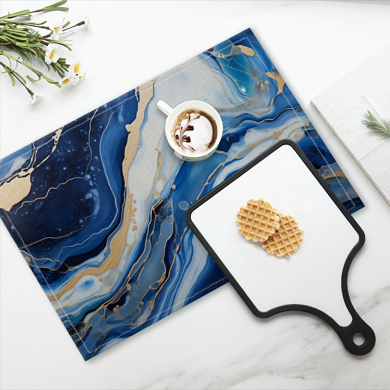 BaHomeck placemats Set of 4 Abstract Blue And White Marble Pattern With Gold Accents Cotton Linen rectangle Placemats for Kitchen Dining Table Indoor,Outdoor,18*12inch