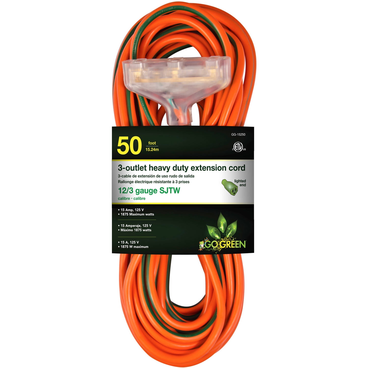 GoGreen Power 12 3 50' 15250 3-Outlet Heavy Duty Extension Cord, Lighted End by GoGreen Power
