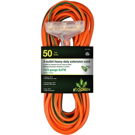 GoGreen Power 12/3 50' 15250 3-Outlet Heavy Duty Extension Cord, Lighted