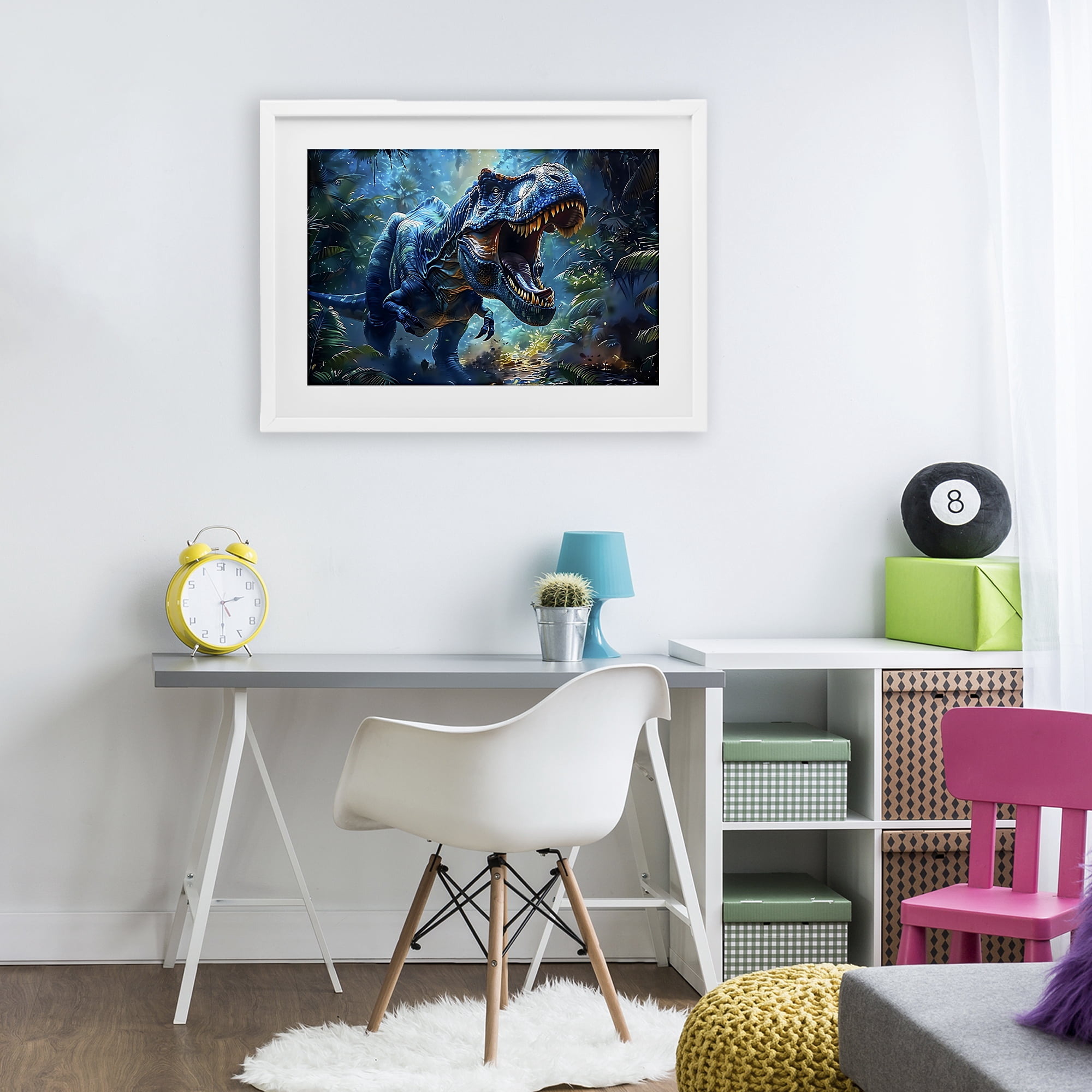 Stupell Industries Blue Toned Dinosaur Roar White Framed Print Under Glass, design by Creative Studio