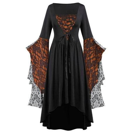 Mhoxuto Women s Plus Size Gothic Dress Medieval Vintage A Line Dresses Flare Sleeve Lace Patchwork Bandage Corset Midi Dress