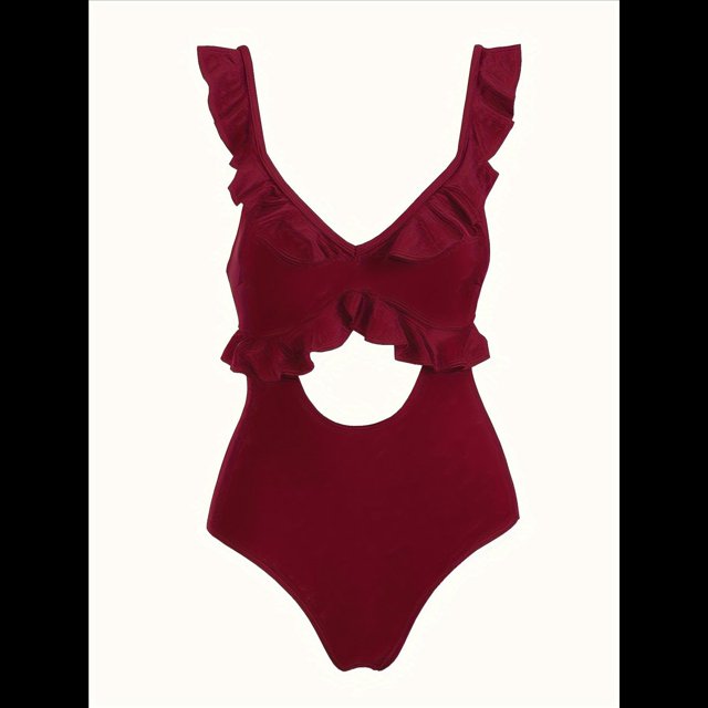 Traje de Baño de una Pieza para Mujer, con Control de Abdomen, Volantes, Escote en V, Fruncido, Corte Adelgazante. Vino Tinto XL