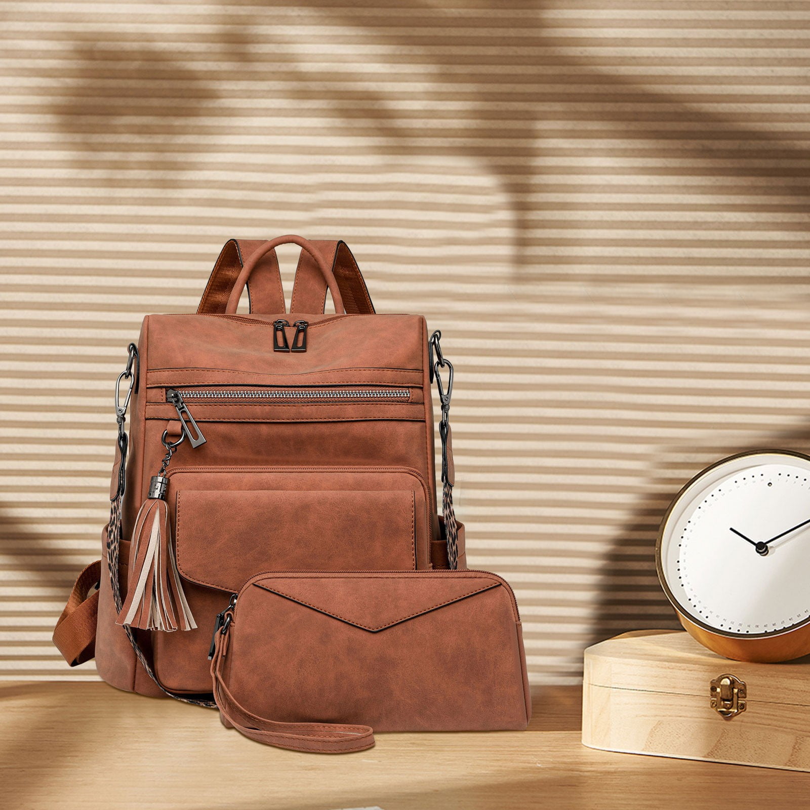 Modstep 2pcs Women Leather Backpack and Wallet Retro Zipper Compartment Daypack Travel Lightwight Purse with Adjustable Strap Brown