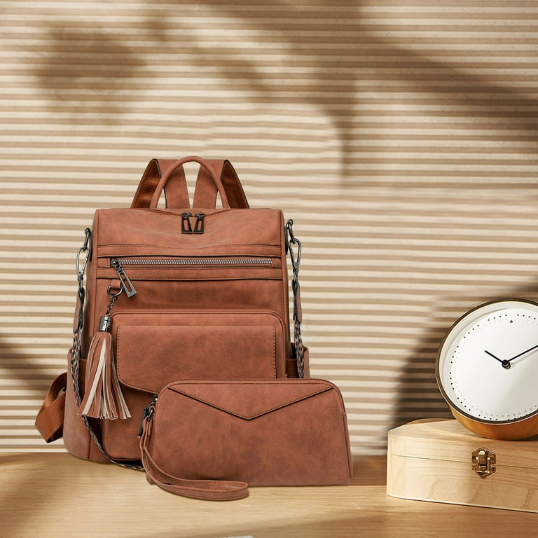 Lispipm 2pcs Leather Backpack for Women Men Soft Retro  display picture 1
