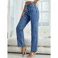 thumbnail image 4 of Women's Straight Leg Jeans Classic Mid Waist Non Stretch Denim Pants With Pearl Rhinestones, 4 of 7