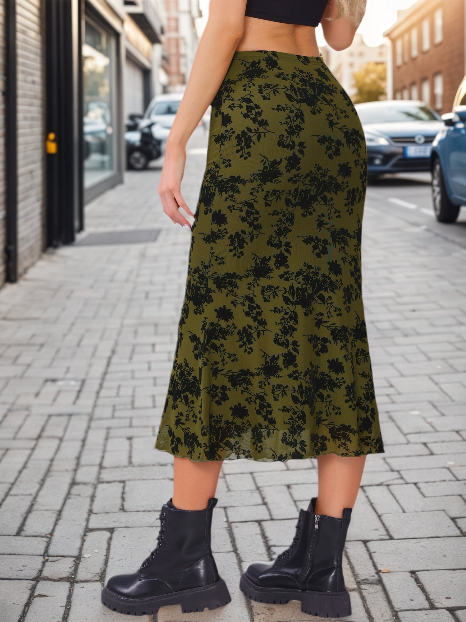 DARING DIVA Women's High Waist Bodycon Mesh Fishtail Midi Skirts L Olive Green