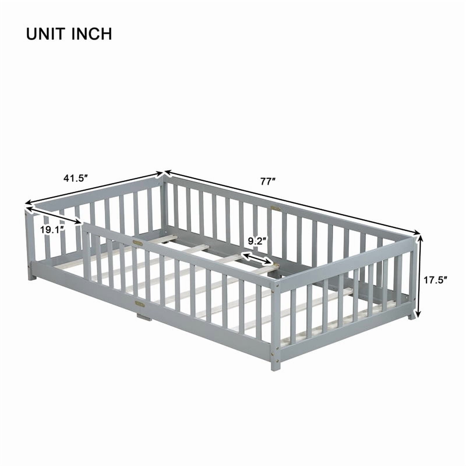 Mirightone Twin Size Floor Bed, Wood Montessori Floor Beds with Fence Railings and Slats Support, Twin Playhouse Bed Frame, No Box Spring Needed, (Grey)