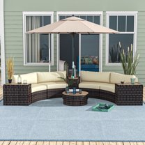 Outsunny 8pc Patio Furniture Set with Sofa, Chair, Umbrella Hole, Brown