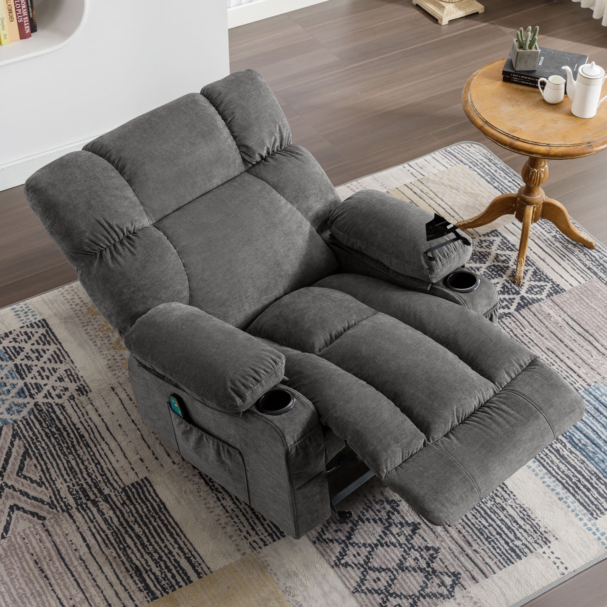 JONPONY Manual Recliner Chair with Heat Therapy and Massage Function, Heavy Duty Reclining Mechanism Massage Chair, Elderly Single Rocker Sofa with Cup Holders for Bedroom Home Theater,Grey