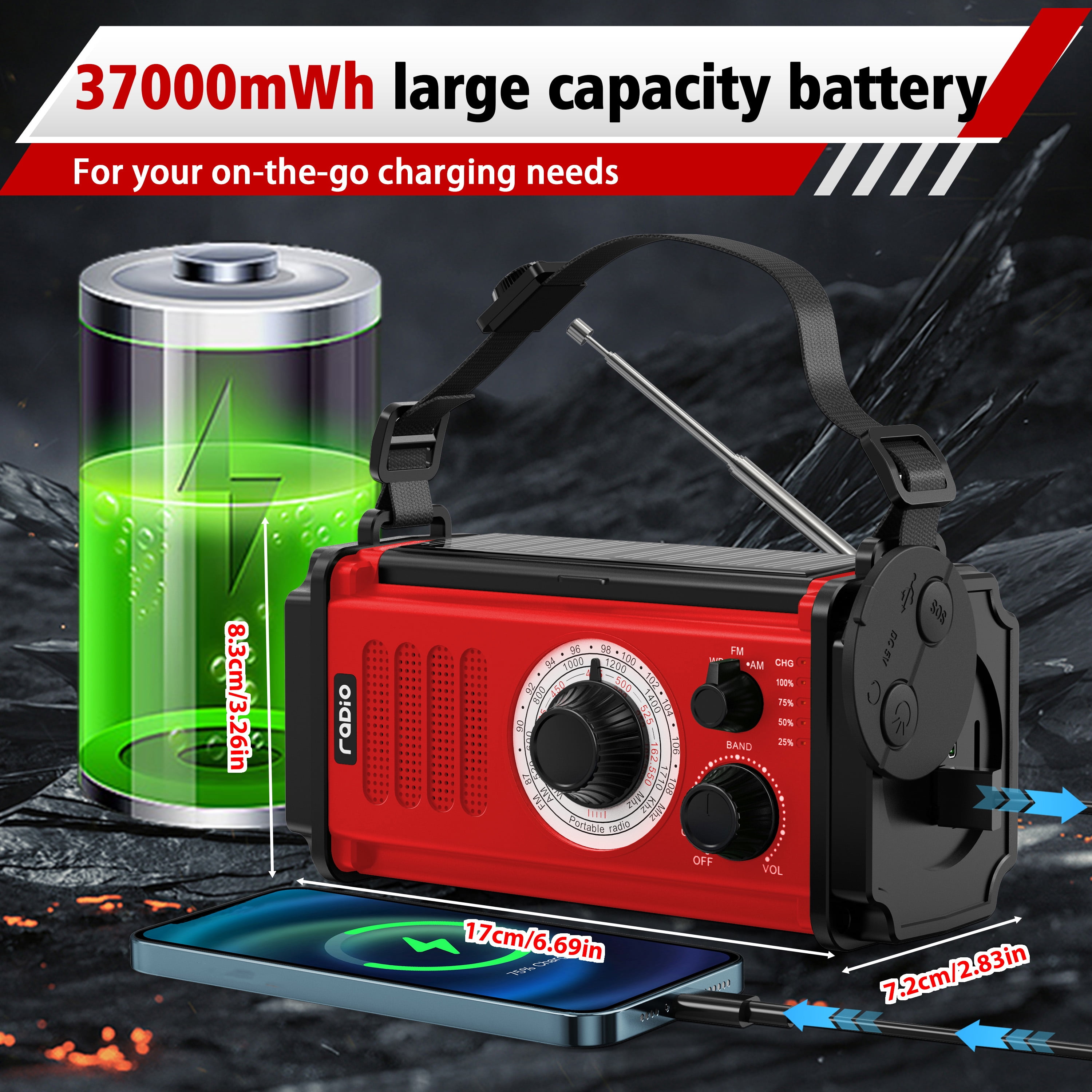 37000mWh Emergency Radio, Hand Crank Solar Radio, NOAA Weather Radio with Rechargeable Battery Powered, Portable AM FM with SOS Alarm, USB Charger,  Flashlight and Reading Lamp for Outdoor Hurricane