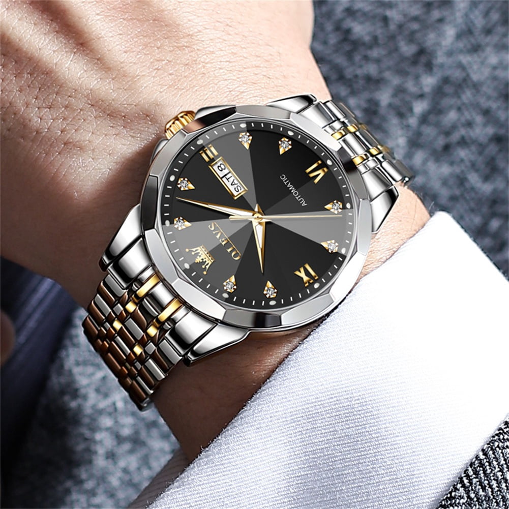 OLEVS Automatic Watches for Men Self Winding Mechanical Luxury Dress Stainless Steel Two Tone Strap Diamond Waterproof Luminous Date Mens Wrist Watches Reloj Para Hombre Black/Blue/Gold/White