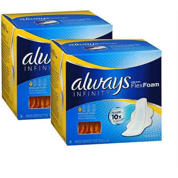 Always Infinity Regular Pads with Flexi-Wings, 18 Count pack of 2