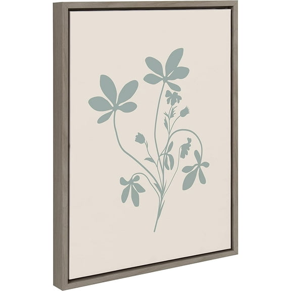 Kate and Laurel Sylvie Soft and Simple Feminine Blue Botanical Framed Canvas Wall Art by The Creative Bunch Studio, 18x24 Gray, Simple Modern Floral Wall Decor Art