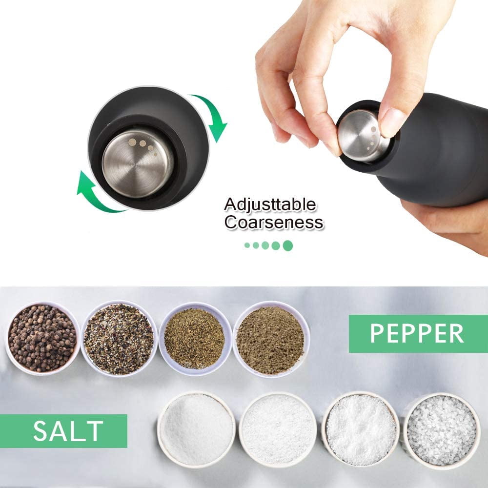 Automatic Gravity Salt and Pepper Grinder Set, Electric Ceramic Core Mills Shaker, Black and White