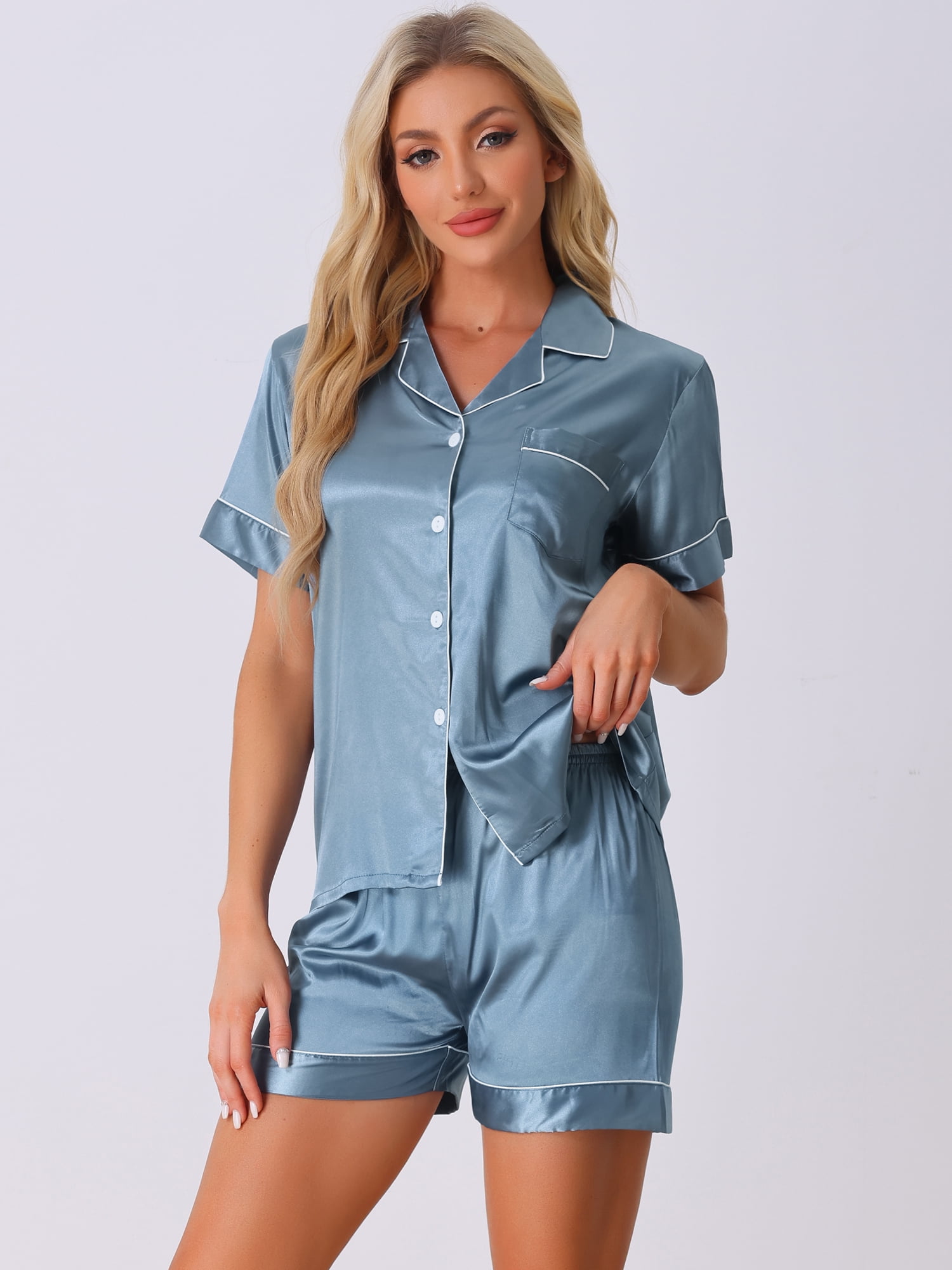 DARING DIVA Women's Satin Top and Shorts Pajama Set M Gray Blue