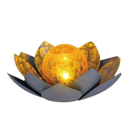 

Solar Lights Outdoor Garden Decor Amber Crackle Globe Glass Lotus Decoration Waterproof Gray Metal Flower Light(Gray)