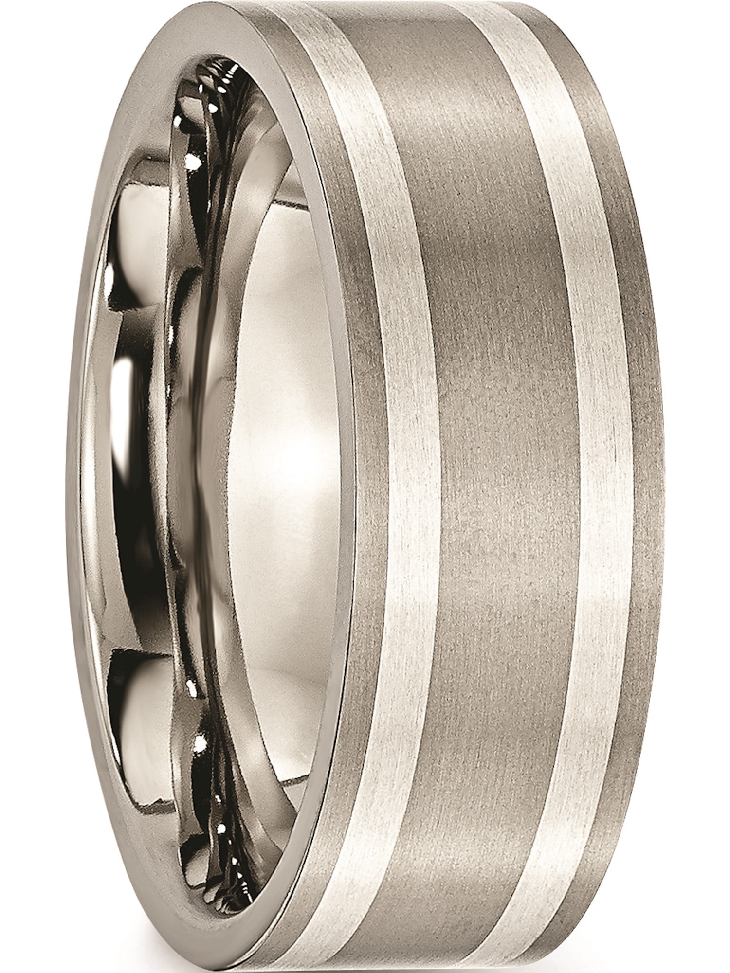 Perfect Jewelry Gift Titanium Sterling Silver Inlay Flat 8mm Brushed and Polished Band