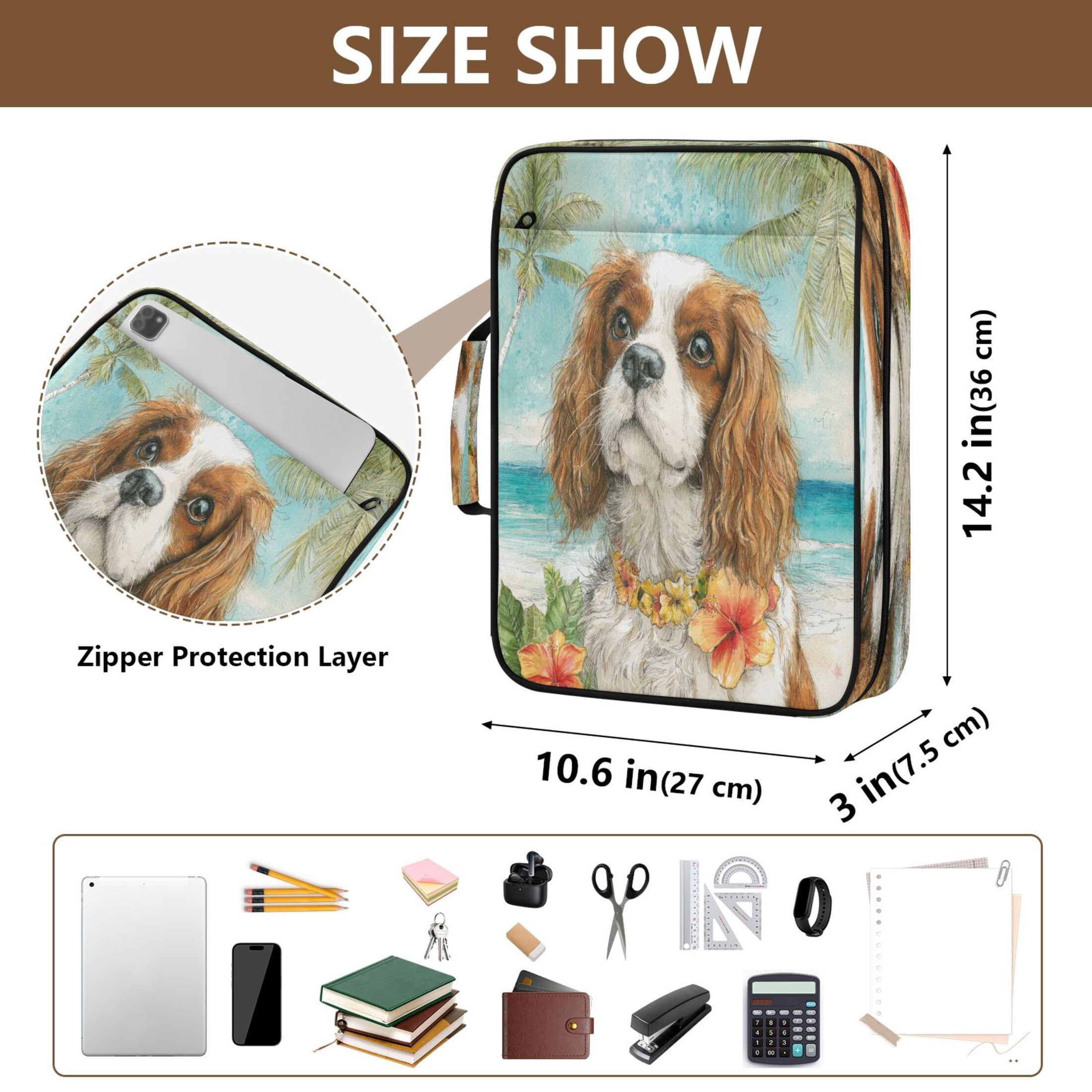 Wobogo Accordion File Folder with Zipper Expanding File Organizer 7 Pockets A4 Binder Case Nylon,Cavalier King Charles Spaniel Dog