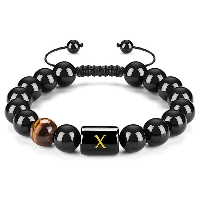 Con Letras Ajustables De 10Mm, Cuentas De Piedra De Ojo De Tigre De Ónix Negro Natural, Pulsera De Cuerda Trenzada, Regalo Significativo 26 Pulseras Serendint AP006886-25