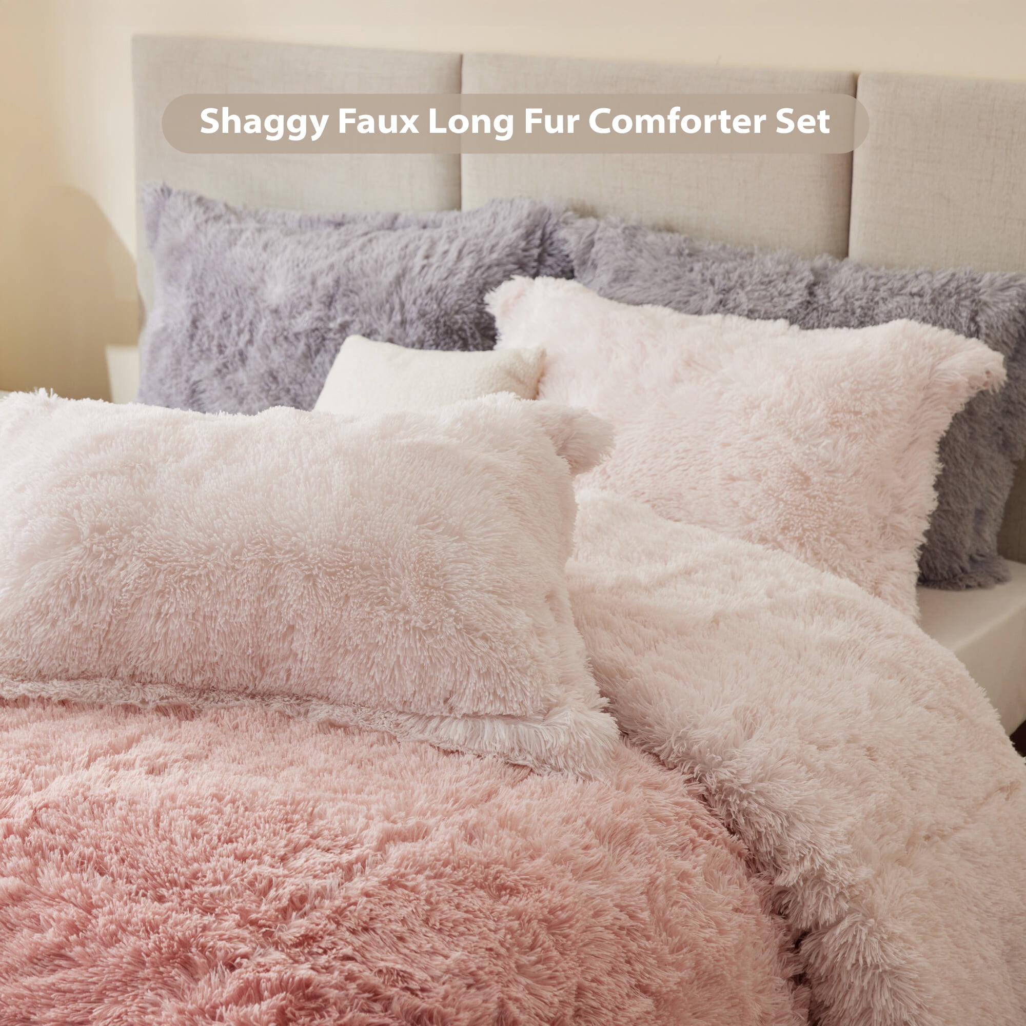 Intelligent Design King/Cal King Shaggy Faux Comforter Set, Long Fur Wave Spring Comforter Bedding Set, 3-Piece Striped Ombre Design Warm Bed Set, Blush