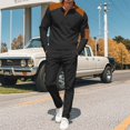 thumbnail image 2 of Men's Stand Collar Leather Breasted Pocket Long Sleeve Top Casual Sports Drawstring Pants Set, 2 of 5