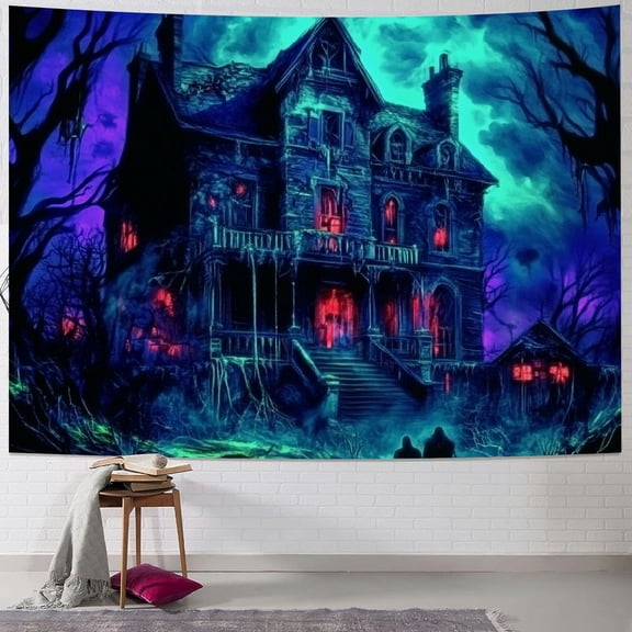 BCIIG Halloween Tapestry Castle and Moon Tapestries Reactive Skeleton Halloween Tapestry Wall Hanging Skull Horror Tapestry for Bedroom, Livingroom 40x30inch