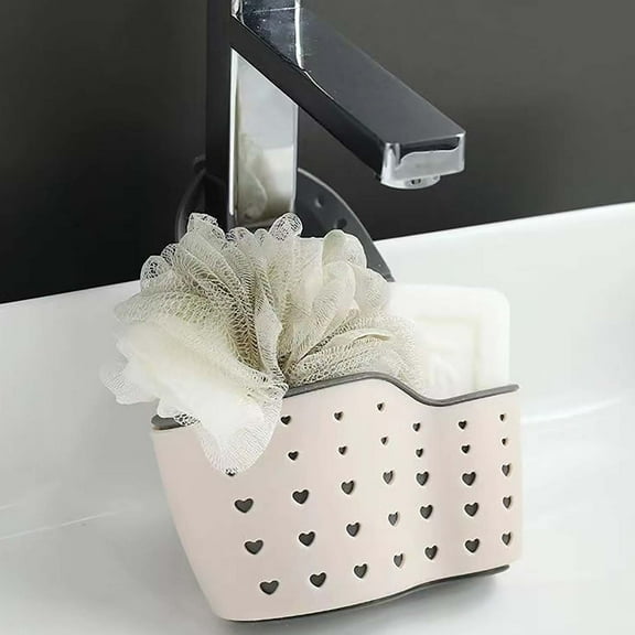 Bxaolu Sink Basket Sink Strainers Basket Kitchen Drain Shelf Sink Storage Holder Ajustable Strap Faucet Caddy with Drain Holes for Drying, Kitchen Sink Accessories(Beige,1PC)