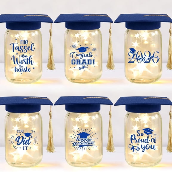 GuassLee 6 Sets 2026 Graduation Centerpieces for Tables, Glowing Mason Jar Centerpieces with Graduation Caps, Glowing Money Jars for College High School Congrats Grad Party Decor Supplies