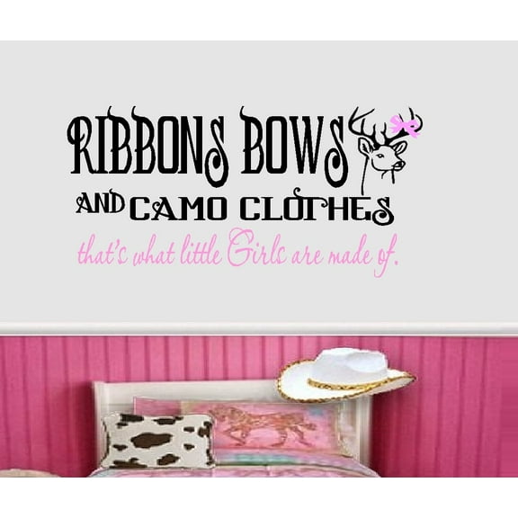 Decal ~ Ribbons Bows and Camo Clothes, That's what little girls are made of: Children Wall Decal