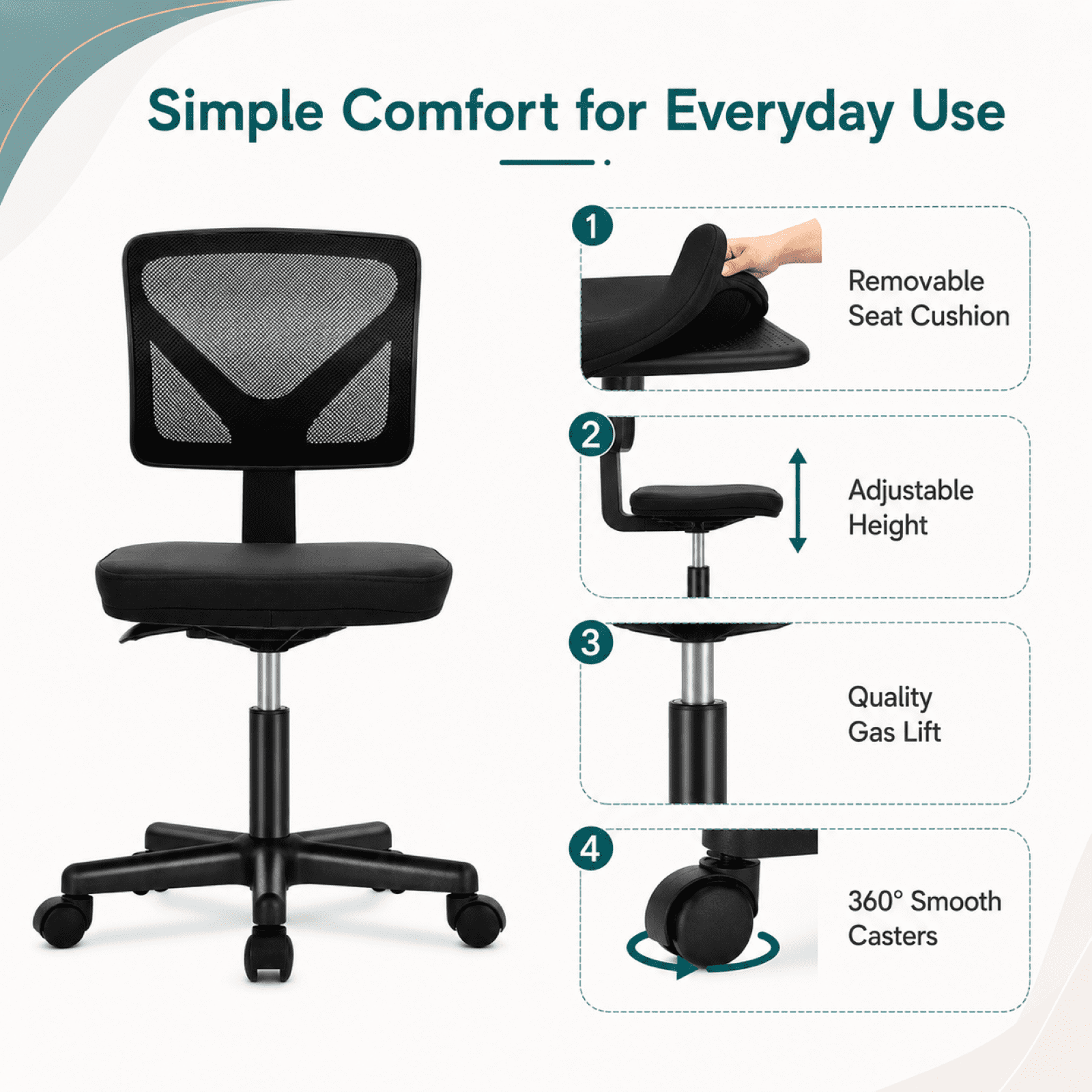 Kelno Small Desk Chair with Wheels Adjustable Computer Desk Chair with Lumbar Support Mesh Ergonomic Low-Back Office Chair, Black